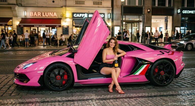 Промпт: Молодая женщина у розового Lamborghini Aventador ночью