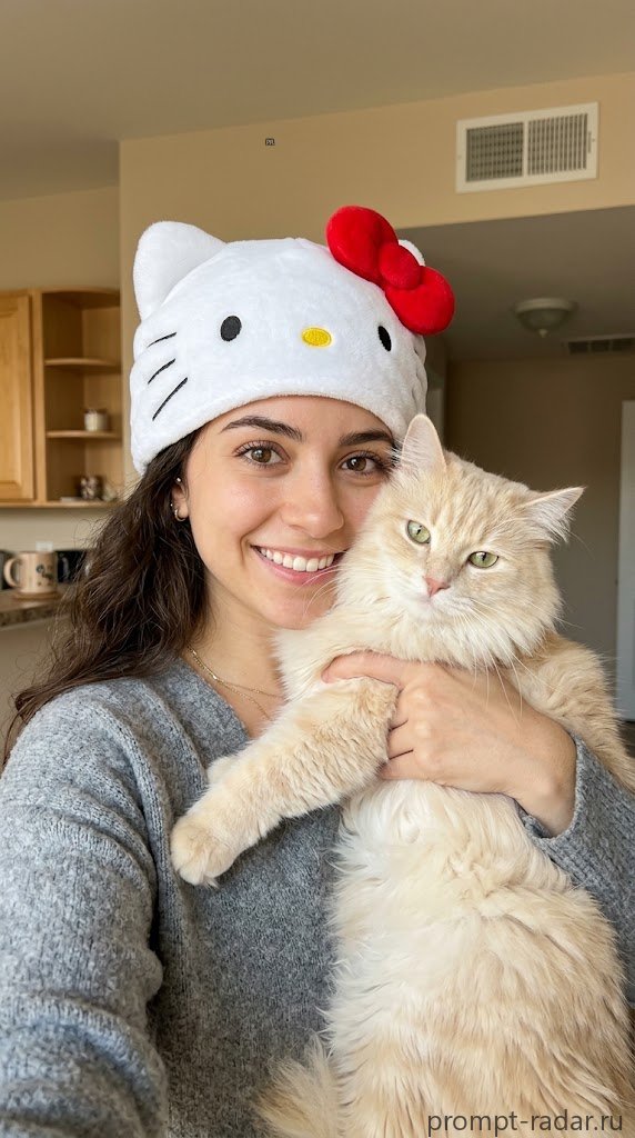 Промпт: селфи девушки с пушистым кремовым котом в шапке Hello Kitty