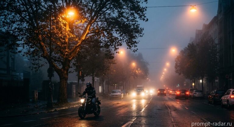 Промпт: Туманная городская улица на закате с мотоциклистом и крупным деревом слева