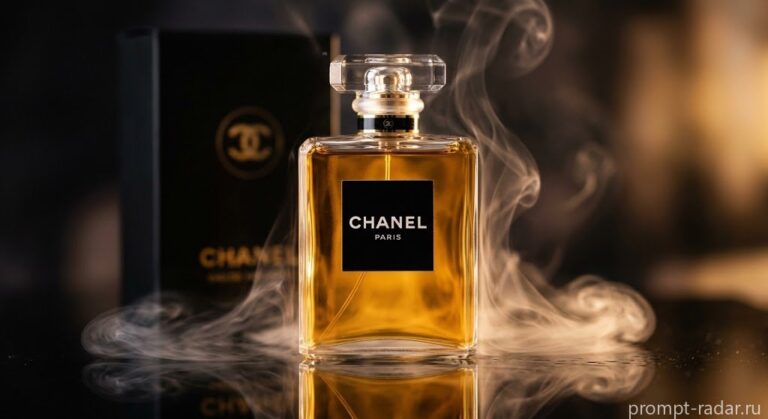 Промпт: Роскошный флакон Chanel на отражающей поверхности с дымкой