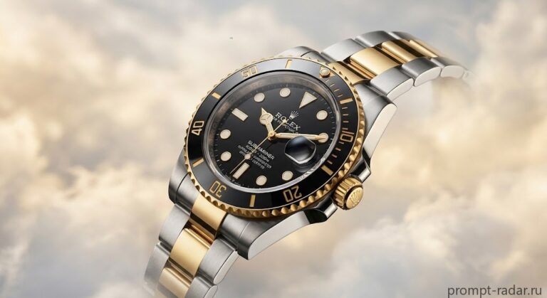 Промпт: Rolex Submariner, черный циферблат, сталь и золото, макро в облаках