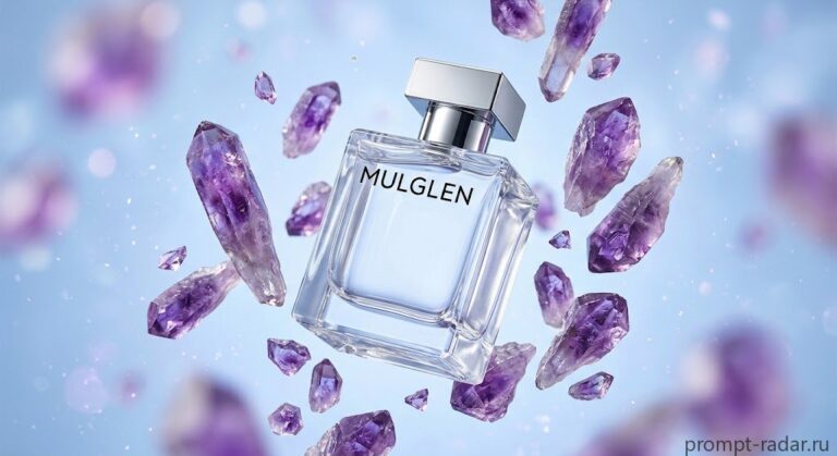 Промпт: Прозрачный флакон парфюма MULGLEN среди аметистовых кристаллов, крупный план
