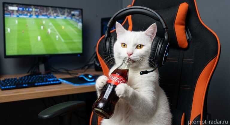 Промпт: Фотореалистичный белый кот в геймерском кресле в наушниках с Coca-Cola