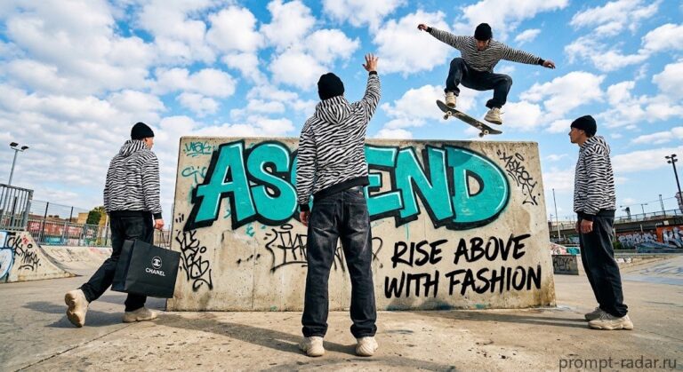 Промпт: Четверо в зебровых худи, скейтбордист, граффити “ASCEND”