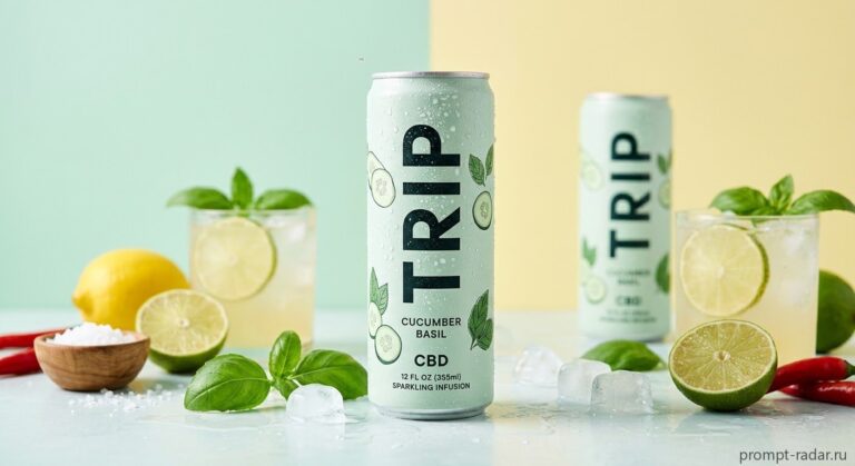 Промпт для товарной съемки банки TRIP Cucumber Basil CBD на пастельном фоне