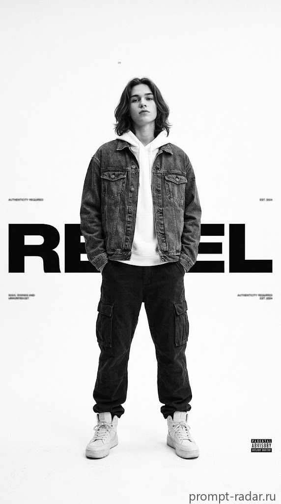 Промпт: полнофигурный черно-белый фэшн-портрет с надписью REBEL