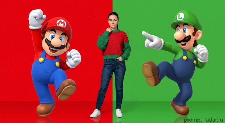 Промпт: женщина между Mario (Марио) и Luigi (Луиджи), 3D рендер, красно-зеленый фон