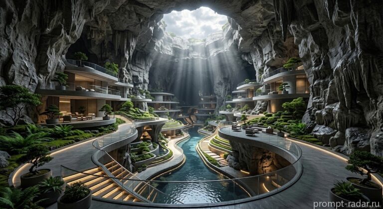Промпт: Фотореалистичный курорт внутри известняковой пещеры с естественным светом