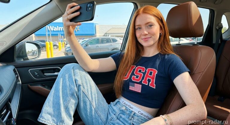 Промпт: Рыжеволосая девушка в машине делает селфи, футболка ‘USA’, Walmart