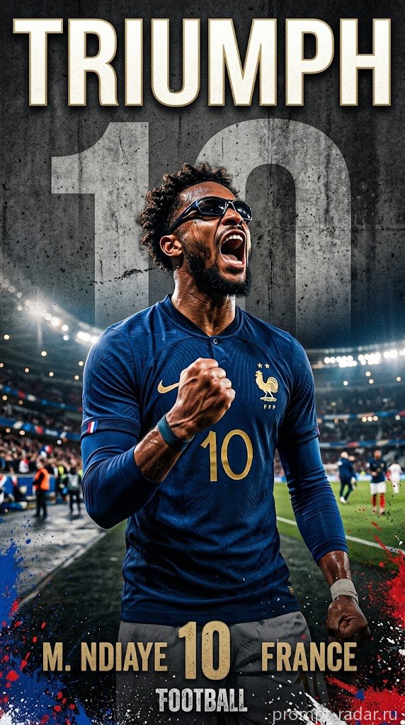Промпт: Динамичный постер футболиста в синей форме №10