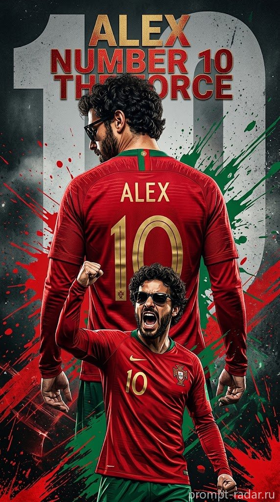 Промпт: Спортивный постер — футболист ALEX (номер 10), двойной образ