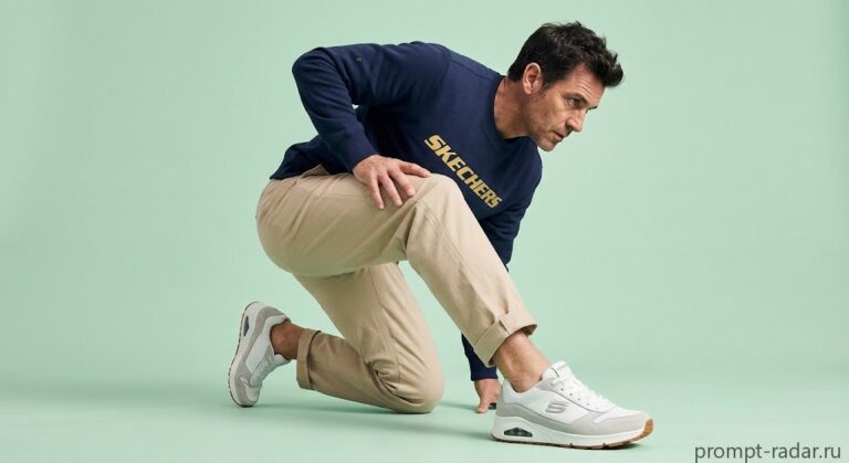 Промпт: Мужчина в приседе, кроссовки и свитшот SKECHERS, мятный фон