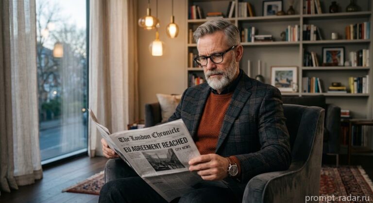 Промпт: Фотореалистичный средний план зрелого мужчины с газетой в люксовом интерьере