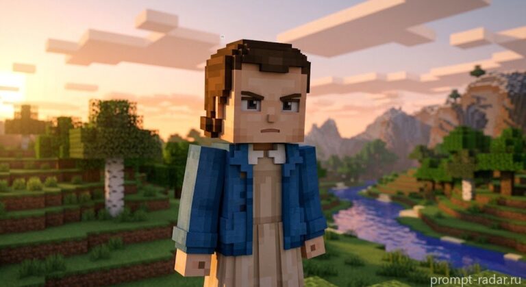 Промпт: Воксельный портрет девочки в стиле Minecraft на закате