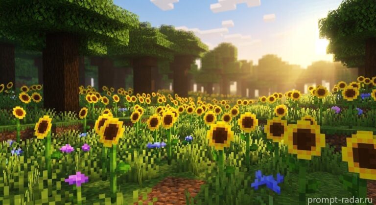 Промпт: Воксельное поле подсолнухов в стиле Minecraft, низкий ракурс, контровой свет