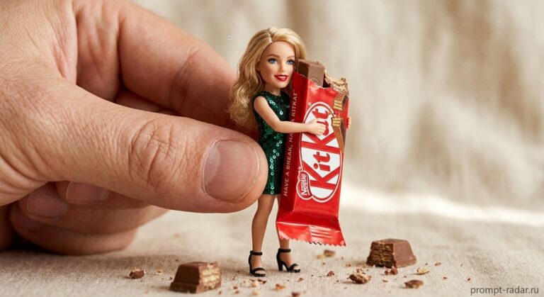 Промпт: Миниатюрная кукла-блондинка обнимает KitKat, в руке гигантский палец, макро