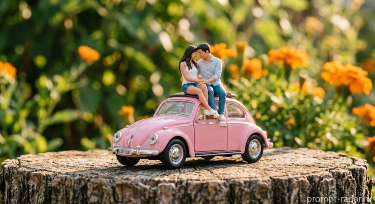 Промпт: Миниатюрный розовый Volkswagen Beetle с влюбленной парой на пне, макро, 3D-рендер