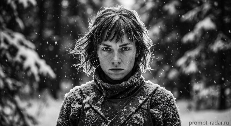 Промпт: Монохромный крупный портрет женщины-воина с инеем и контровым светом