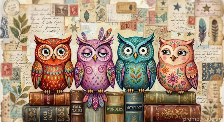 Промпт: Четыре яркие стилизованные совы на книгах в коллажном стиле