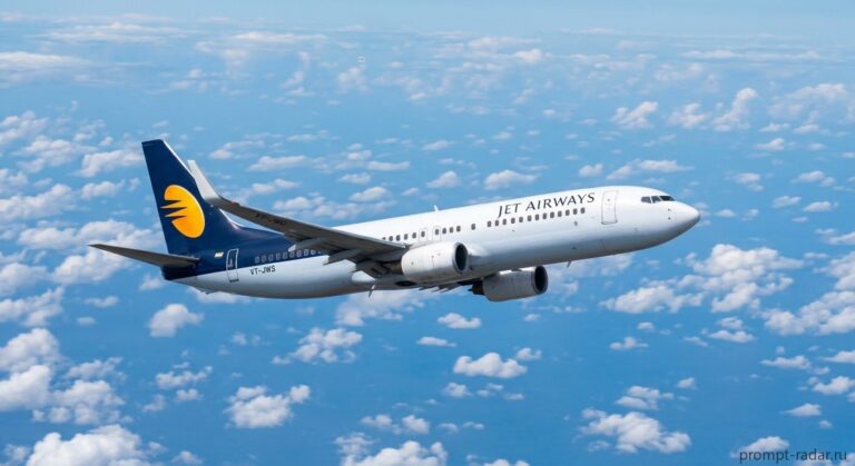 Промпт: JET AIRWAYS, боковой вид снизу, крен влево на ясном небе