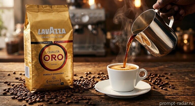 Промпт: Коммерческий натюрморт с золотой пачкой Lavazza и наливающимся кофе