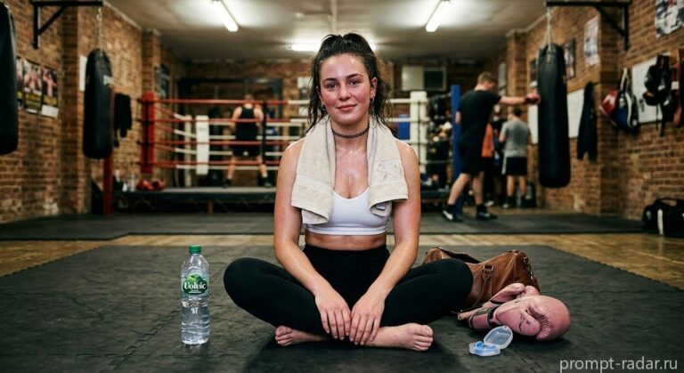 Промпт: Молодая спортсменка, сидящая после тренировки в боксерском зале
