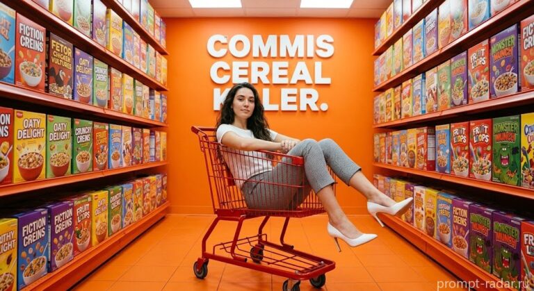 Промпт: Женщина в тележке в оранжевой комнате с надписью CEREAL KILLER