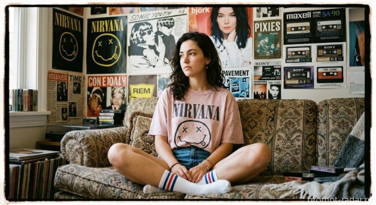 Промпт: Девушка в футболке Nirvana на диване, винтажная пленка, мягкий свет