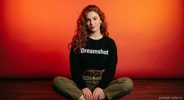 Промпт: студийный портрет молодой женщины в худи «Dreamshot» на красно-оранжем фоне