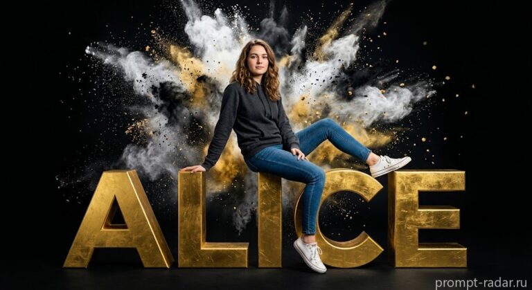 Промпт: девушка на золотых металлических буквах ALICE, взрыв порошка на черном фоне