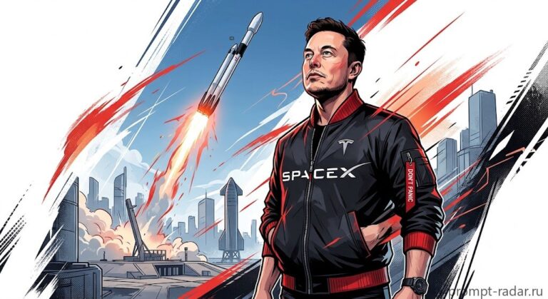 Промпт: Мужчина в черном бомбере с логотипом Tesla, смотрит на ракету, комикс-арт