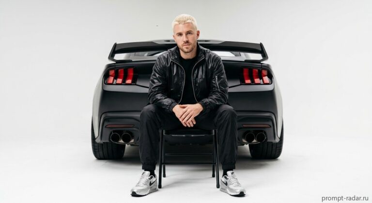 Промпт: Хай-фэшн портрет мужчины перед матовым Ford Mustang