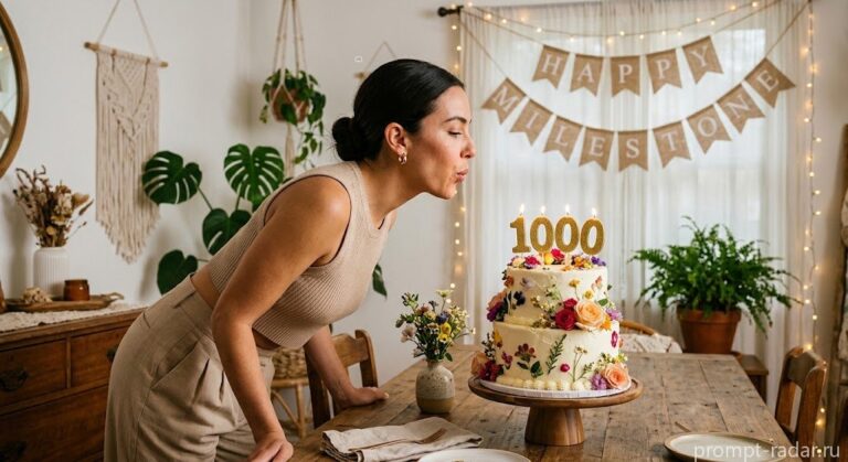 Промпт: Женщина задувает свечи на торт с цифрой 1000 в бохо-комнате