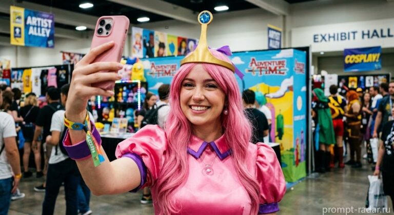 Промпт: Селфи косплеерки Princess Bubblegum (Принцесса Баблгам) на конвенте