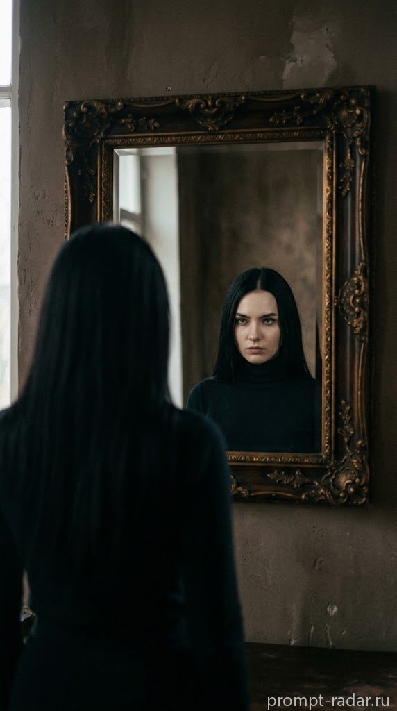 Промпт: Портрет женщины — резкое отражение в зеркале, размытие переднего плана, кинематографичный тон