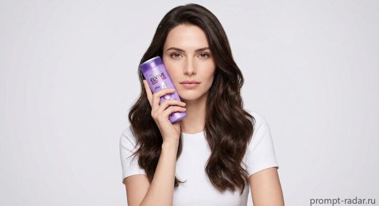 Промпт: студийный рекламный портрет женщины с флаконом L’Oreal Elvive