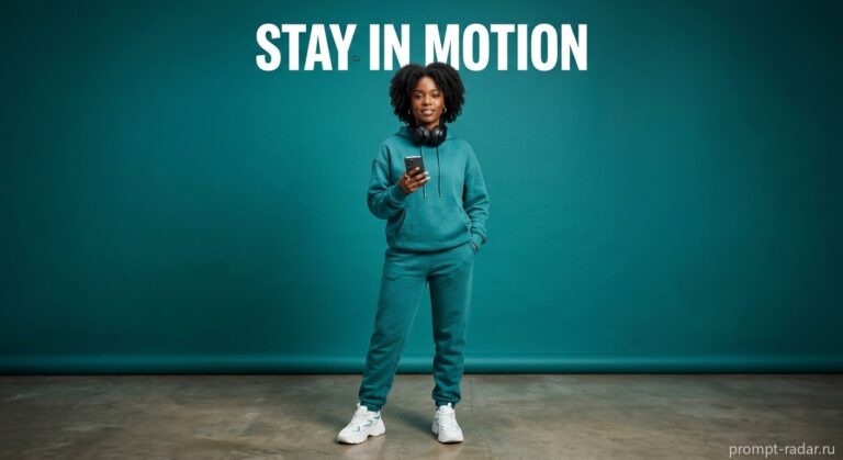 Промпт: Модель в бирюзовом, полный рост, смартфон, наушники, текст STAY IN MOTION