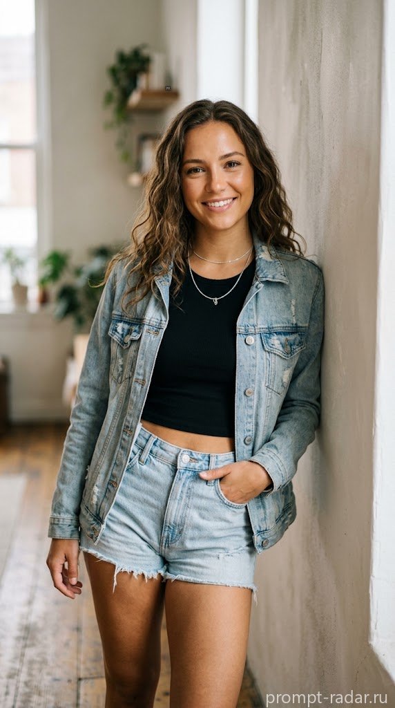 Промпт: Портрет молодой женщины в джинсовом комплекте, средний план, мягкое боке