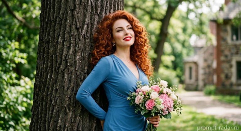 Промпт: Женщина с рыжими локонами у дерева, букет, голливудский гламур