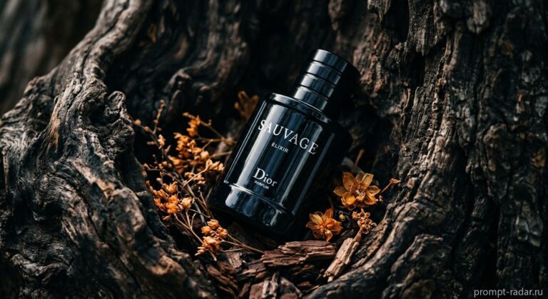 Промпт: флакон Dior Sauvage Elixir в темной древесной полости, кинематографичный макро