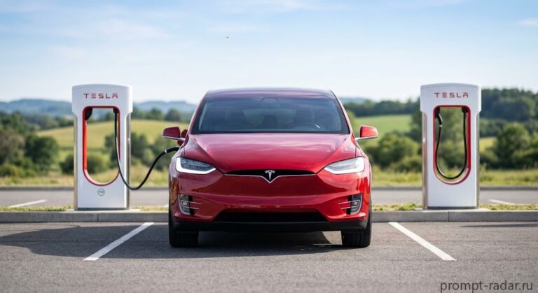 Промпт: Глянцевый красный Tesla Model X у зарядных станций, фронтальный кадр