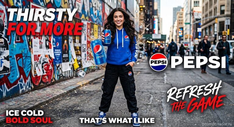 Промпт: Девушка с банкой Pepsi на граффити‑фоне, рекламный стиль