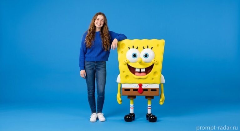 Промпт: женщина в синем свитере облокотившаяся на плечо SpongeBob SquarePants, студийный 3D