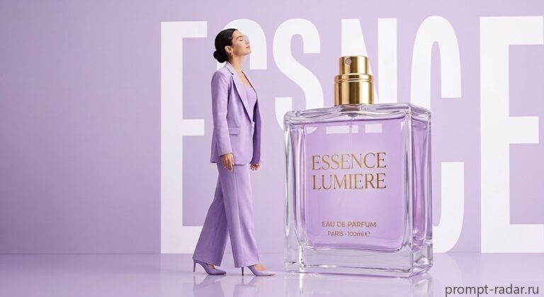 Промпт: Женщина в лавандовом костюме у гигантского флакона парфюма ‘ESSENCE’