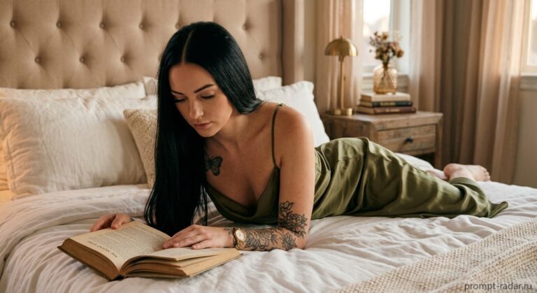 Промпт: Женщина в сатиновом платье с тату на кровати читает книгу, кинематографично