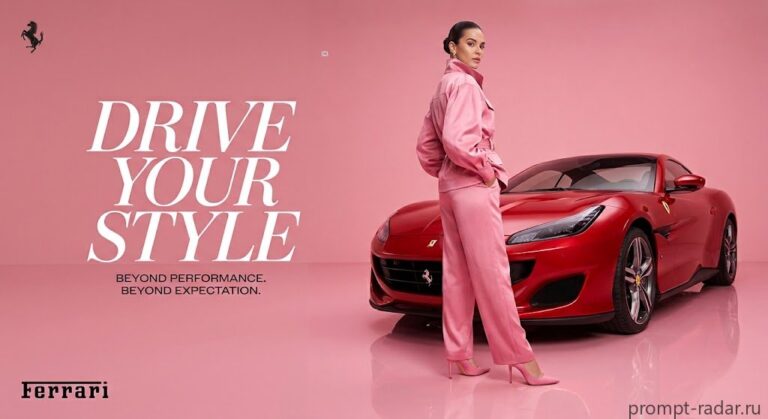 Промпт: Высокая женщина в розовом рядом с красным Ferrari, студийный кадр