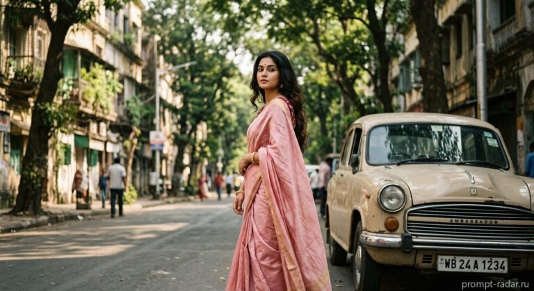 Промпт: Женщина в розовом сари у ретро-авто на аллее, кинематографично