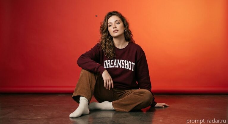Промпт: Фэшн-портрет брюнетки на полу в свитшоте ‘Dreamshot’ на фоне красно-оранжевого градиента