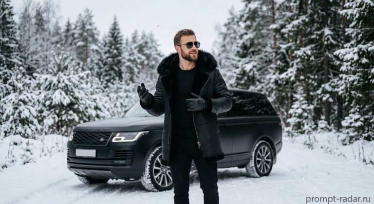 Промпт: Фэшн-фото мужчины в черной шубе у люксового внедорожника в заснеженном лесу