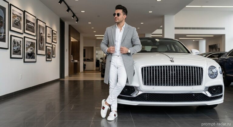 Промпт: Мужчина у белого Bentley в шоуруме, фэшн-авто реклама